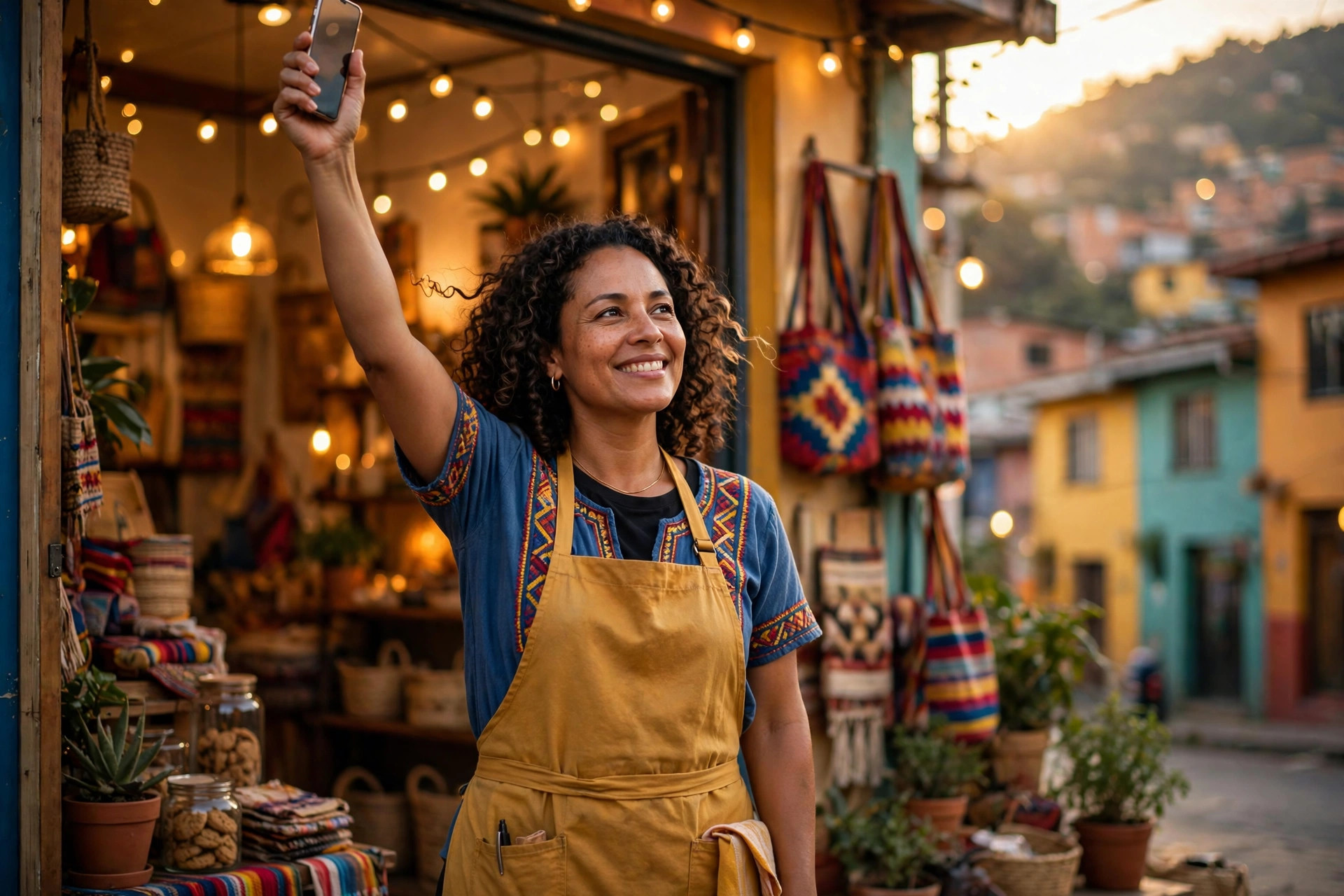 Dueña de un negocio colombiano mostrando su celular frente a su tienda al atardecer