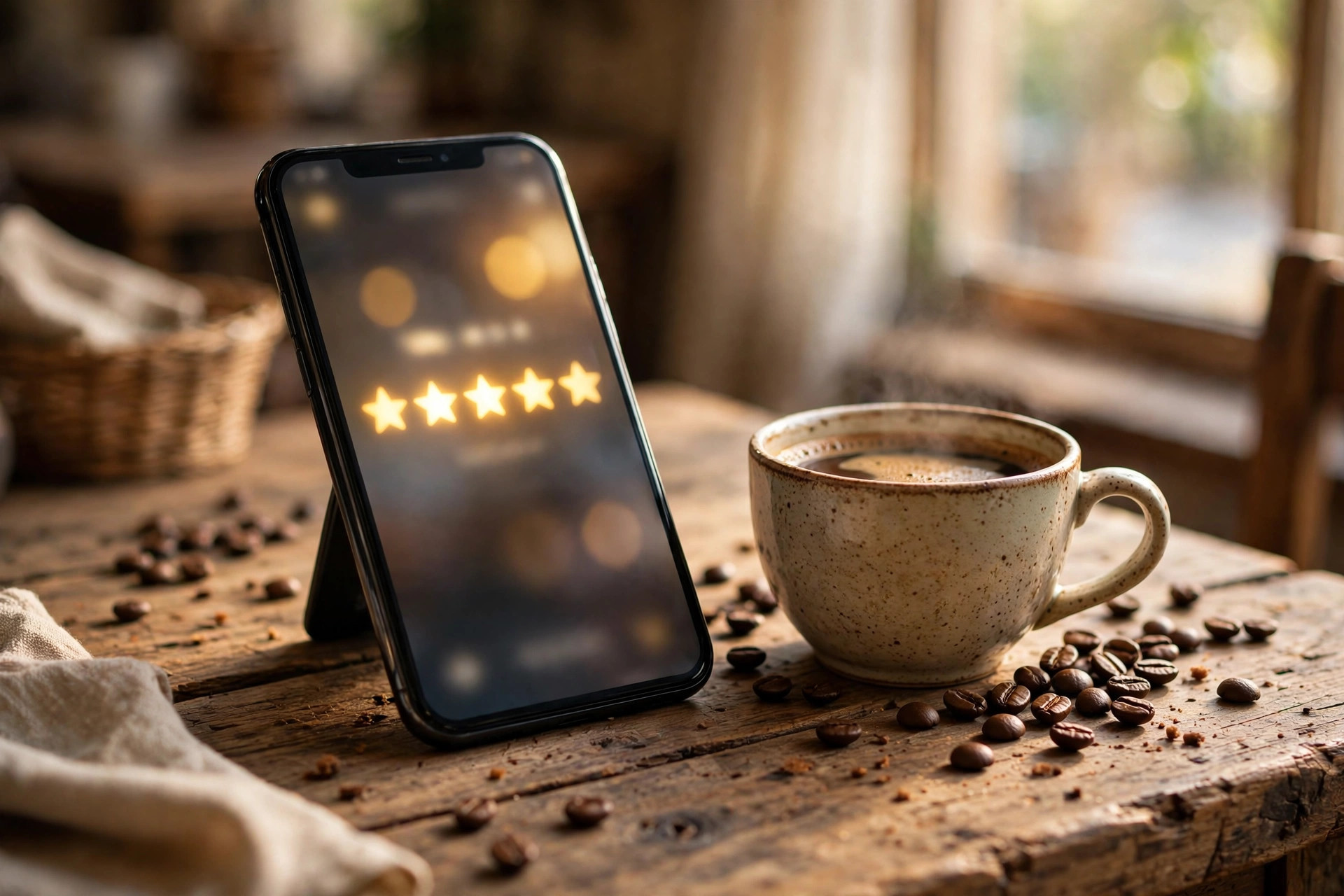 Celular mostrando reseñas de cinco estrellas sobre la mesa de un café colombiano